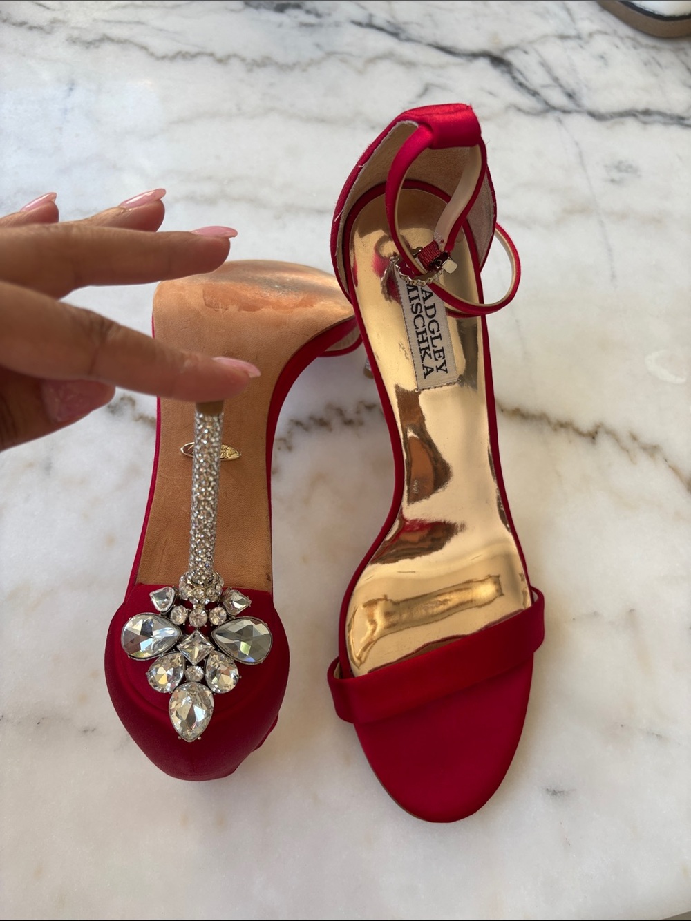 Badgley Mischka Red Satin Rhinestone Open-Toe Ankle-Strap Heels with Gold Insole